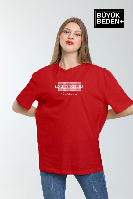 Kadın Büyük Beden Las Angeles Baskılı Bisiklet Yaka Tshırt SPR25BTK909