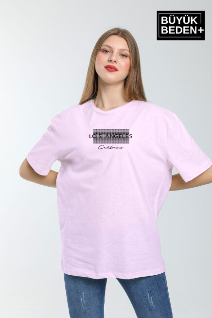 Kadın Büyük Beden Las Angeles Baskılı Bisiklet Yaka Tshırt SPR25BTK909