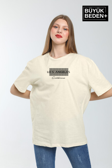Kadın Büyük Beden Las Angeles Baskılı Bisiklet Yaka Tshırt SPR25BTK909
