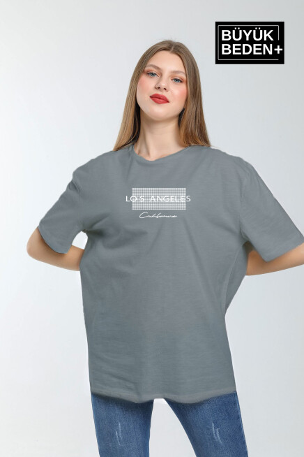 Kadın Büyük Beden Las Angeles Baskılı Bisiklet Yaka Tshırt SPR25BTK909