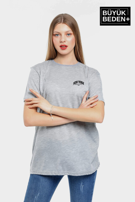 Kadın Büyük Beden New York Baskılı Bisiklet Yaka Tshırt SPR25BTSK14