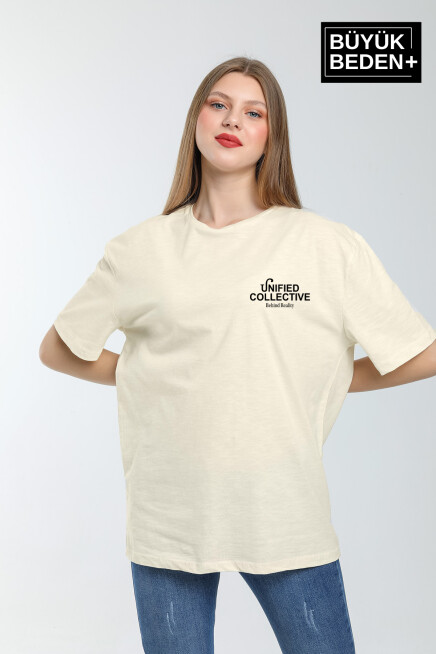 Kadın Büyük Beden Unified Collective Baskılı Bisiklet Yaka Tshırt SPR25BTSK905
