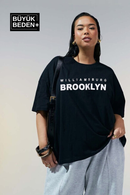 Kadın Büyük Beden Willams.Brooklyn Baskılı Bisiklet Yaka Tshırt SPR25BTSK15