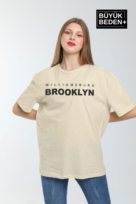Kadın Büyük Beden Willams.Brooklyn Baskılı Bisiklet Yaka Tshırt SPR25BTSK15