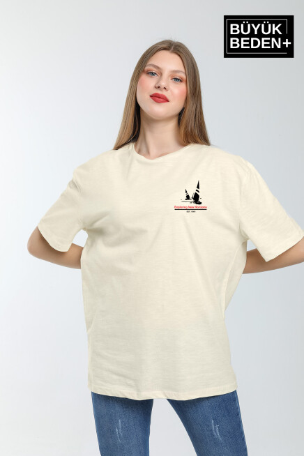 Kadın Büyük Beden Yelken Baskılı Bisiklet Yaka Tshırt SPR25BTSK903