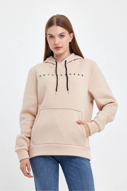 Kadın Kapşonlu Rahat Kalıp İçi Polarlı 3 iplik Feture Baskılı SweatShırt spr24swk14