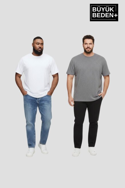 Büyük Beden Erkek Basic Bisiklet Yaka 2li Tişört Seti 3XL-6XL SPR26BTS510+2