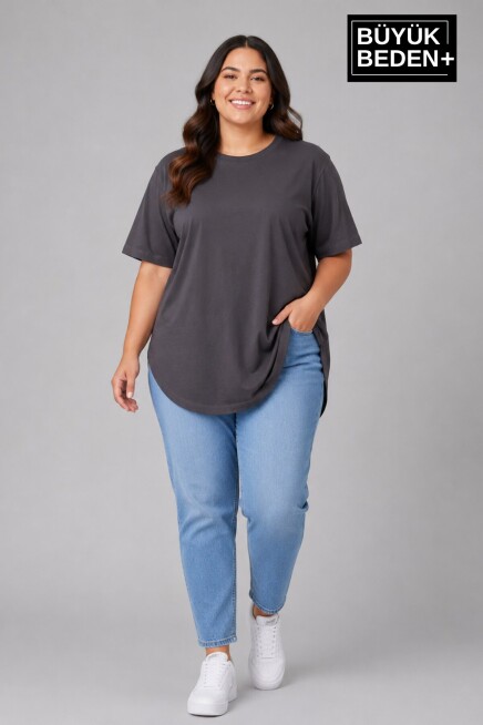 Süperlife Büyük Beden Kadın Bisiklet Yaka Basic Oval Etek Detalylı 3xl-6xl Uzun Tunik SPR26BTSK502