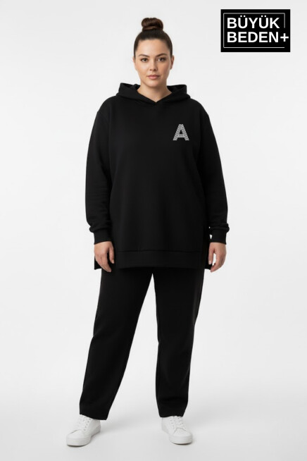 Büyük Beden Kapşonlu A Baskılı Tunik ince Sweatshırt  SPR26BTK991-3