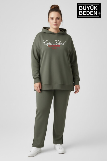 Büyük Beden Kapşonlu Capri İsland Baskılı Tunik ince Sweatshırt  SPR26BTK991-2