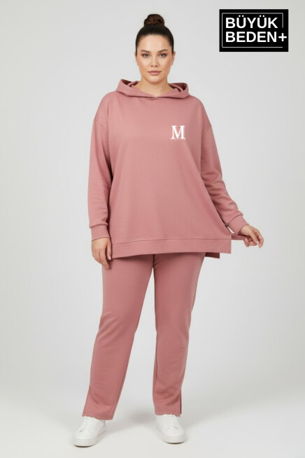 Büyük Beden Kapşonlu M Baskılı Tunik ince Sweatshırt  SPR26BTK991-4
