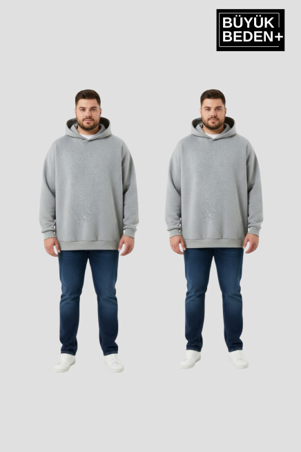 Erkek Büyük Beden 2 li Set Kapşonlu Kollar Ve Etek Ribanalı ince Swatshırt SPR26BSW957+2