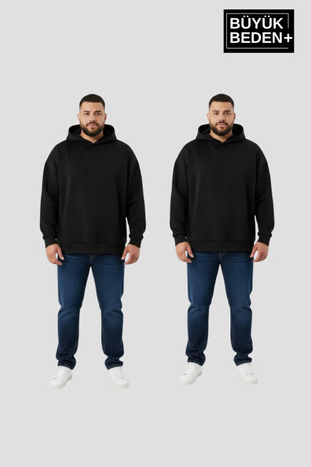Erkek Büyük Beden 2 li Set Kapşonlu Kollar Ve Etek Ribanalı ince Swatshırt SPR26BSW957+2