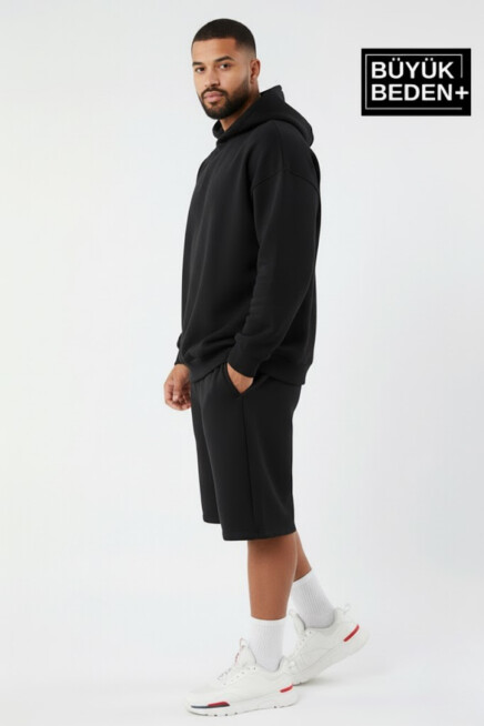 Erkek Büyük Beden 2 li Set Kapşonlu Kollar Ve Etek Ribanalı ince Swatshırt SPR26BSW957+2