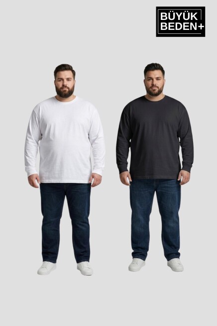 Erkek Büyük Beden 2li Set Uzun Kollu 2 İplik Bisiklet Yaka Tişört SPR26BEA942+2