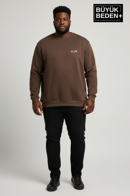 Erkek Büyük Beden AR Baskılı Yaka Kollar Etek Ribana Bisilet Yaka İnce Sweatshirt SPR26BSW956-1