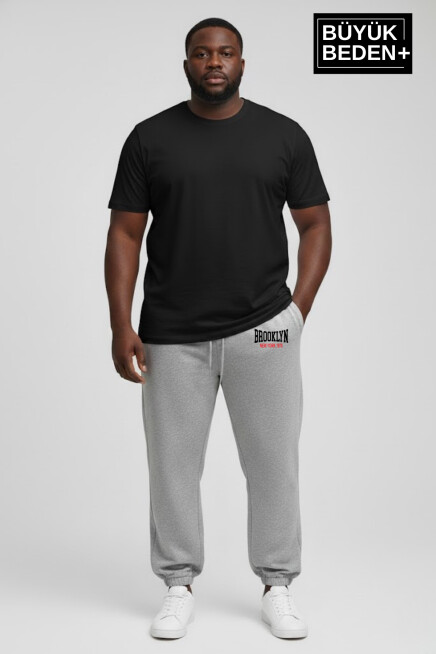 Erkek Büyük Beden BROOKLYN 1970 Baskılı Paça Lastikli Rahat Kesim Jogger İnce Eşofman Altı SPR26BEA951-3