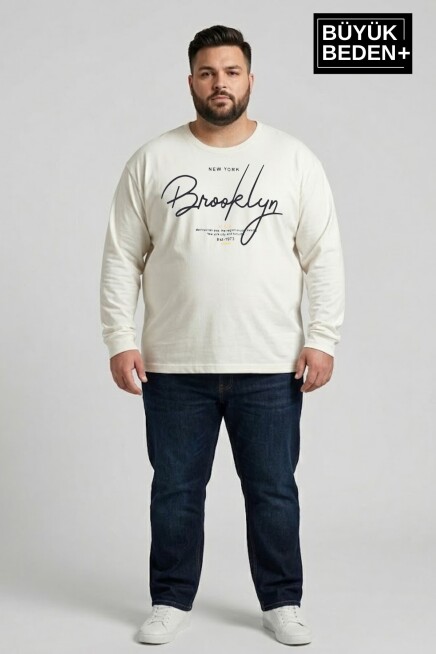 Erkek Büyük Beden El Yazılı Brooklyn Baskılı 2 İplik Bisiklet Yaka Tişört SPR26BTS942-6