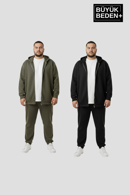 Erkek Büyük Beden Fermuarlı Kapüşonlu 2li Set ince Sweatshirt Hırka - Rahat Kalıp SPR26BHR960+2