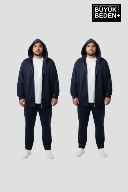 Erkek Büyük Beden Fermuarlı Kapüşonlu 2li Set ince Sweatshirt Hırka - Rahat Kalıp SPR26BHR960+2