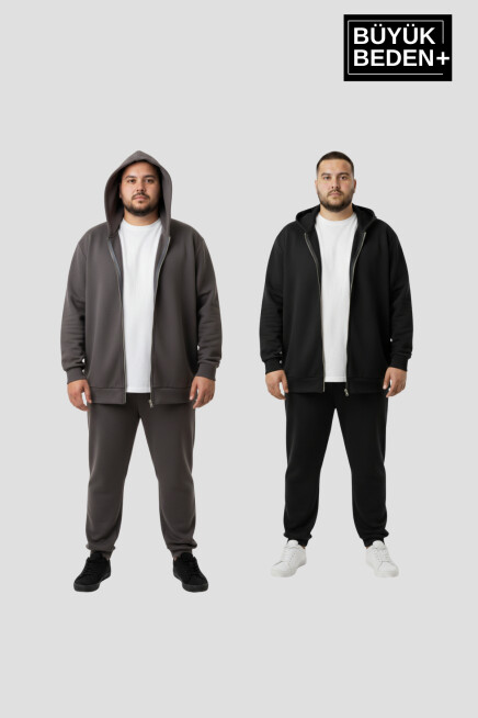 Erkek Büyük Beden Fermuarlı Kapüşonlu 2li Set ince Sweatshirt Hırka - Rahat Kalıp SPR26BHR960+2
