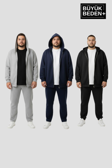Erkek Büyük Beden Fermuarlı Kapüşonlu 3 lü Set ince Sweatshirt Hırka - Rahat Kalıp SPR26BHR960+3