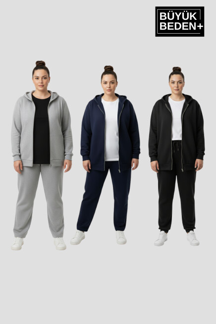 Erkek Büyük Beden Fermuarlı Kapüşonlu 3 lü Set ince Sweatshirt Hırka - Rahat Kalıp SPR26BHRK960+3