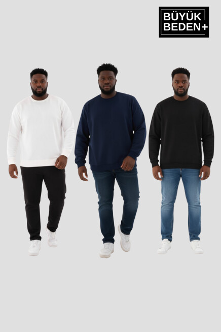 Erkek Büyük Beden İkili Bisiklet Yaka 3lü Set -Rahat Kalıp İnce Sweatshirt SPR26BSW956+3