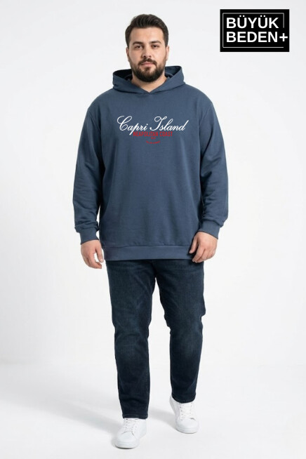 Erkek Büyük Beden İnce Kapşonlu Capri Island Baskılı ince Swatshırt SPR26BSW957-14