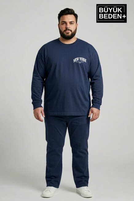 Erkek Büyük Beden New York Baskılı 2 İplik Bisiklet Yaka Tişört SPR26BTS942-5