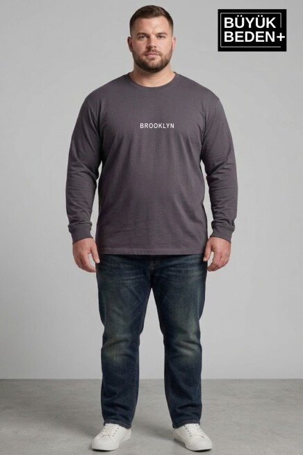 Erkek Büyük Beden Orta Brooklyn Baskılı 2 İplik Bisiklet Yaka Tişört SPR26BTS942-8