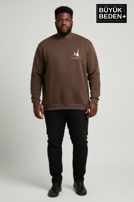 Erkek Büyük Beden Yelken Baskılı Bisiklet Yaka ince Sweatshirt SPR26BSW956-11