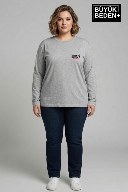 Kadın Büyük Beden Orta Brooklyn Baskılı 2 İplik Bisiklet Yaka Tişört SPR26BEAK942-3