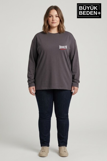 Kadın Büyük Beden Orta Brooklyn Baskılı 2 İplik Bisiklet Yaka Tişört SPR26BEAK942-3