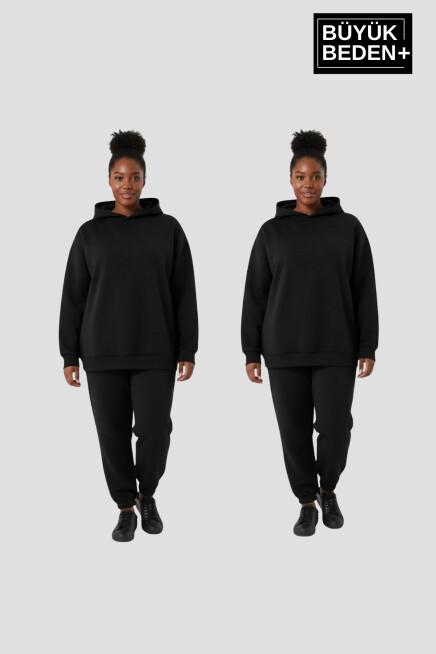 Kadın Büyük Beden 2 li Set Kapşonlu Kollar Ve Etek Ribanalı ince Swatshırt SPR26BSWK957+2