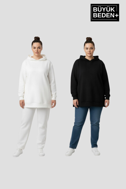Kadın Büyük Beden 2 li Set Kapşonlu Tunik ince Sweatshırt  SPR26BTK991+2
