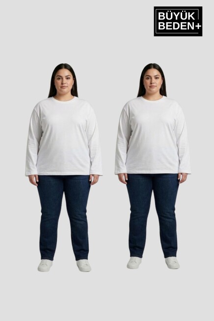 Kadın Büyük Beden 2li Set Uzun Kollu 2 İplik Bisiklet Yaka Tişört SPR26BEA942+2