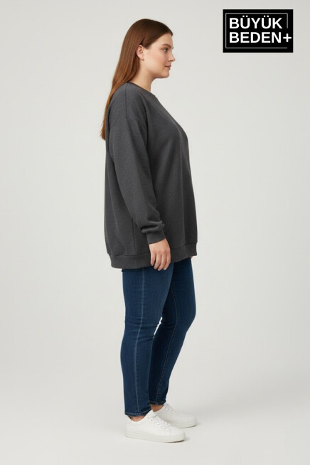 Kadın Büyük Beden Bisiklet Yaka Kollar ve Etek Ribanalı İnce Sweatshirt SPR26BSWK956