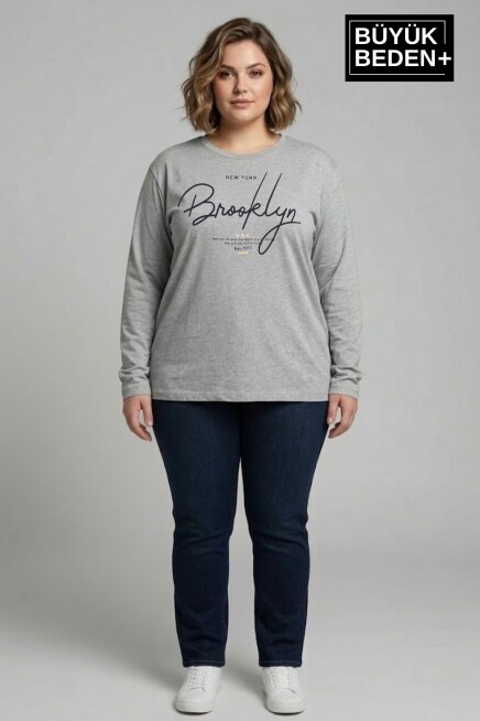 Kadın Büyük Beden El Yazılı Brooklyn Baskılı 2 İplik Bisiklet Yaka Tişört SPR26BTSK942-6
