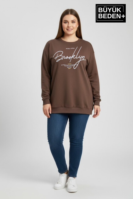 Kadın Büyük Beden El Yazılı Brooklyn Baskılı  Bisiklet Yaka İnce Sweatshirt SPR26BSWK956-6