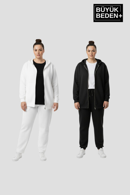 Kadın Büyük Beden Fermuarlı Kapüşonlu 3lü Set ince Sweatshirt Hırka - Rahat Kalıp SPR26BHRK960+2