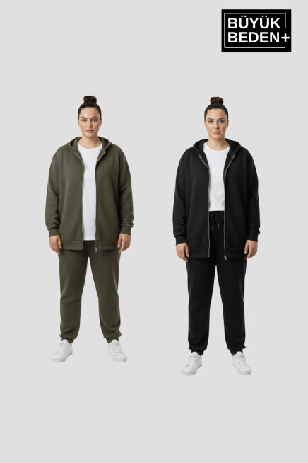 Kadın Büyük Beden Fermuarlı Kapüşonlu 3lü Set ince Sweatshirt Hırka - Rahat Kalıp SPR26BHRK960+2