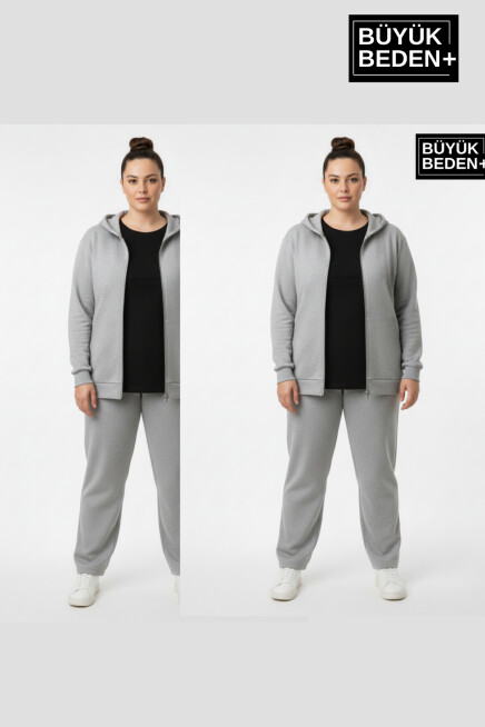 Kadın Büyük Beden Fermuarlı Kapüşonlu 3lü Set ince Sweatshirt Hırka - Rahat Kalıp SPR26BHRK960+2