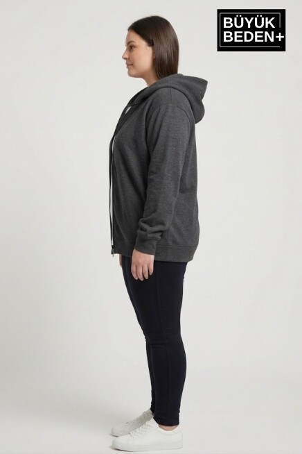 Kadın Büyük Beden Fermuarlı Kapüşonlu ince Sweatshirt Hırka - Rahat Kalıp SPR26BHR960