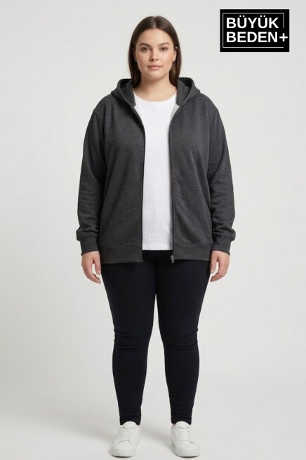 Kadın Büyük Beden Fermuarlı Kapüşonlu ince Sweatshirt Hırka - Rahat Kalıp SPR26BHR960