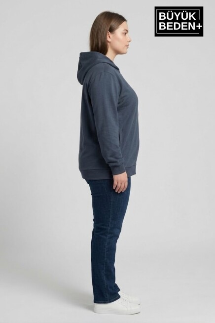 Kadın Büyük Beden Fermuarlı Kapüşonlu ince Sweatshirt Hırka - Rahat Kalıp SPR26BHR960