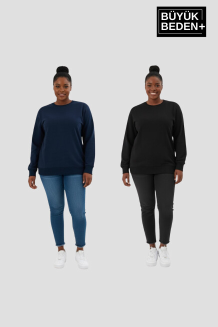 Kadın Büyük Beden Bisiklet Yaka 2’li Set-Rahat Kalıp İnce Sweatshirt SPR26BSWK956+2