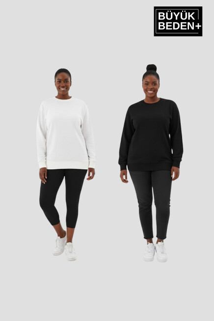 Kadın Büyük Beden Bisiklet Yaka 2’li Set-Rahat Kalıp İnce Sweatshirt SPR26BSWK956+2