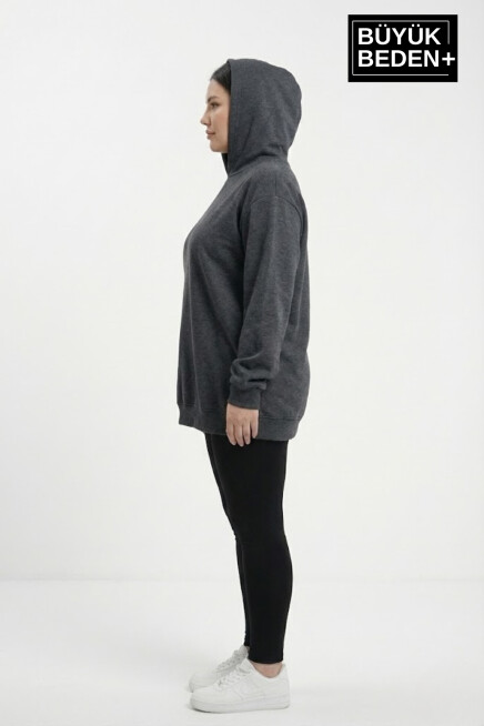 Kadın Büyük Beden İnce Kapşonlu Kollar Ve Etek Ribanalı ince Swatshırt SPR26BSWK957