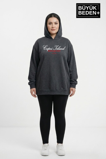 Kadın Büyük Beden Kapşonlu Capri Island Baskılı ince Swatshırt SPR26BSWK957-14